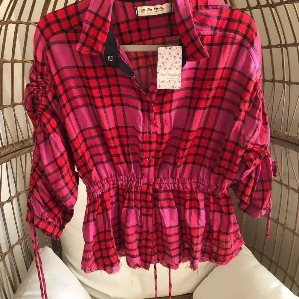 Free People plaid red combo button down shirt - Picture 2 of 11